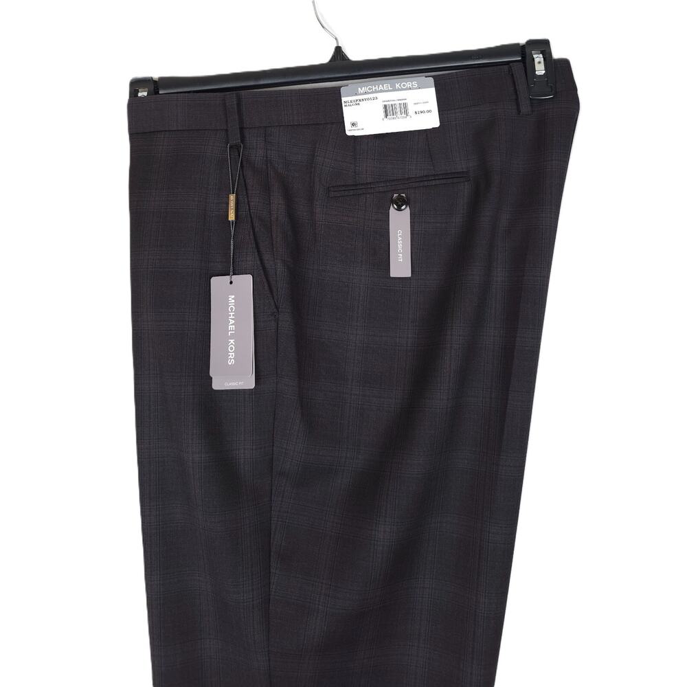 Michael Kors Mens Classic Fit Wool Dress Pants 44x32 Charcoal Brown Plaid NWT